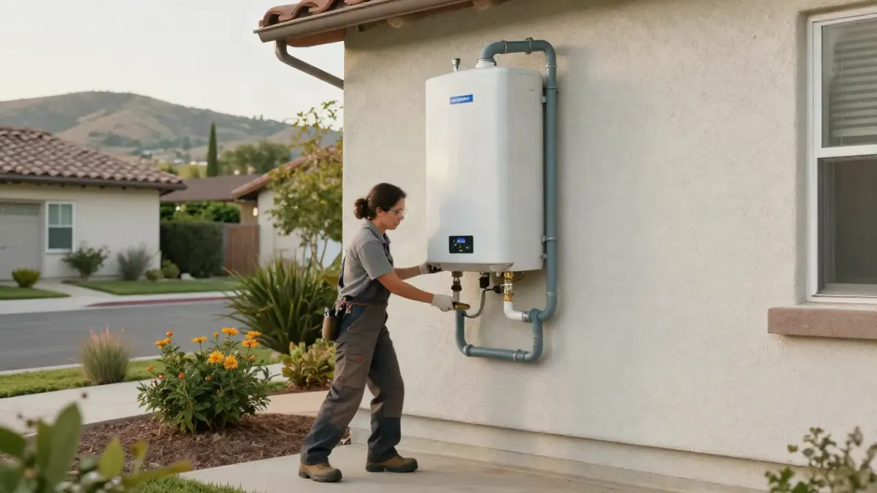Water Heater Repair in Aliso Viejo, California: wide shot of a neatly installed tankless water heater mounted on an exterior