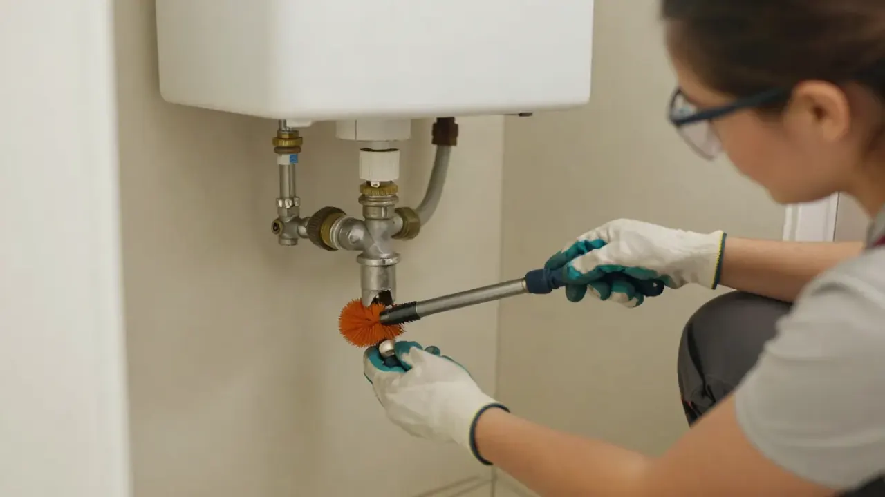 Water Heater Repair in Aliso Viejo, California: Close-up of a plumber's hands using a specialized long-reach brush to clean