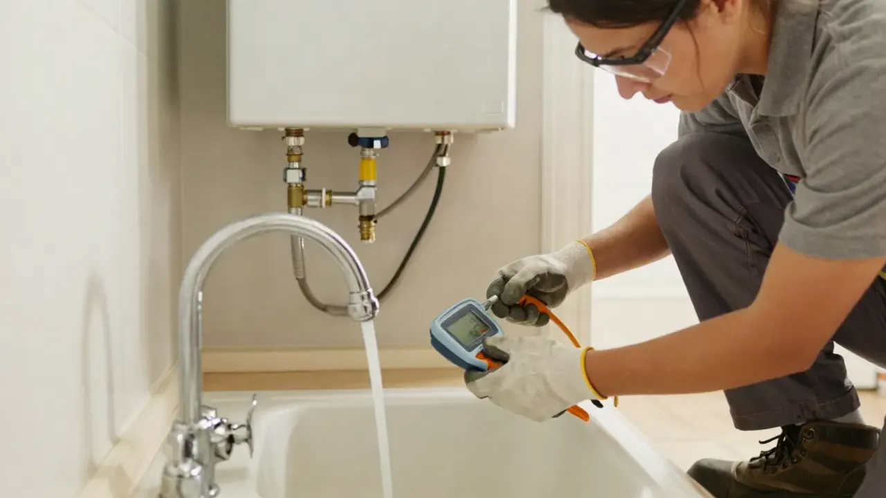 Water Heater Repair in Aliso Viejo, California: plumber using a digital thermometer to measure the water temperature coming